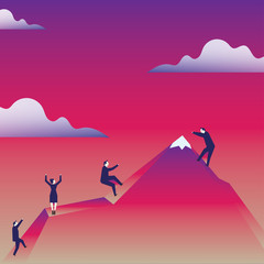 Business People Climbing Color Mountain by Themselves Holding Invisible Rope Design business concept. Business ad for website and promotion banners. empty social media ad