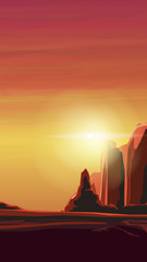 Sunrise in a sandy canyon in warm orange tones. Vector illustration