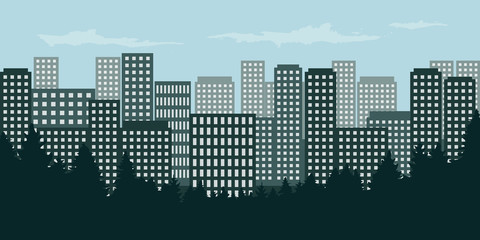 big city with many skyscrapers behind the forest vector illustration EPS10
