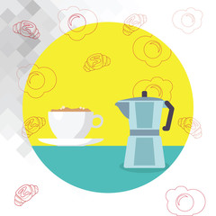White Cup of Frothy Beverage and Kettle with Drawings of Croissant and Egg Design business concept Empty copy text for Web banners promotional material mock up template.