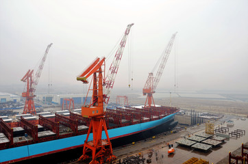 Ship inside dry dock. Panorama of the shipyard in Dalian, China.