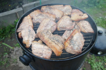 Grilled meat on a barbecue. Cooking pork on the grill.