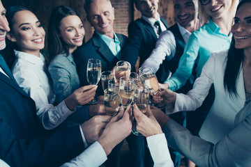 Cropped close up photo business people crowd diversity different age race excited team members...