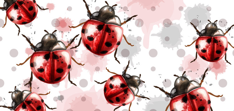 Ladybugs pattern texture watercolor Vector background. Retro style cards