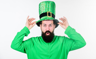 Myth of leprechaun. Man bearded hipster wear green clothing and hat patricks day. Saint patricks...