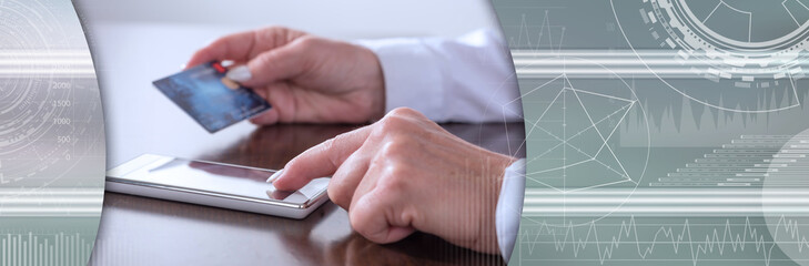 Online payment with a smartphone. panoramic banner