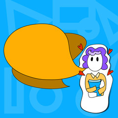 Girl Holding Book with Small Hearts Around her and Two Color Speech Bubble Design business concept Empty copy text for Web banners promotional material mock up template.