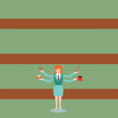 Businesswoman with Four Arms Extending Sideways Holding Workers Needed Item Design business concept Empty copy text for Web banners promotional material mock up template