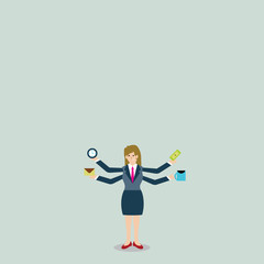 Businesswoman with Four Arms Extending Sideways Holding Workers Needed Item Design business Empty copy space text for Ad website promotion isolated Banner template