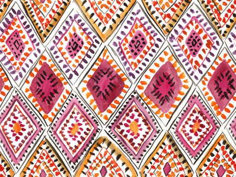 Traditional moroccan rug with rhombic ornament. Seamless watercolor pattern