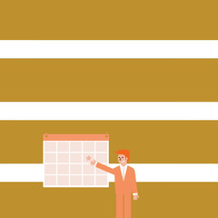 Businessman Smiling and Pointing to Colorful Calendar with Star Hang on Wall Business Empty template for Layout for invitation greeting card promotion poster voucher