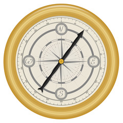 Realistic vector vintage gold navigation compass. Antique intertwining ornament on the dial. Isolated on white background
