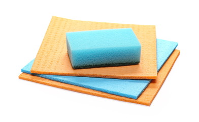 Sponge and rags, cloths for cleaning isolated on white background