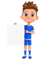 Boy in blue uniforms points to an empty board on a white background. 3d render. Illustration for advertising.