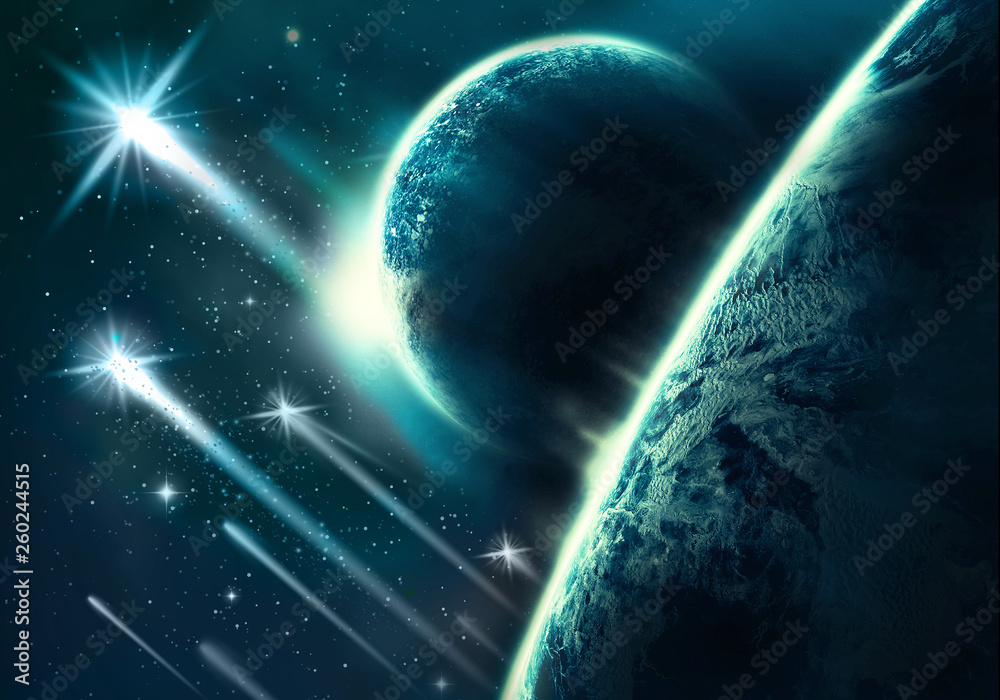 Wall mural artistic abstract planet horizon with it's moon with comets falling into it