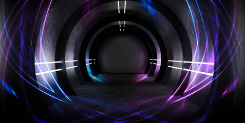 Abstract tunnel, corridor with neon rays and light. Portal additional reality. Abstract background round arch, lamps, light lines. 3D illustration.