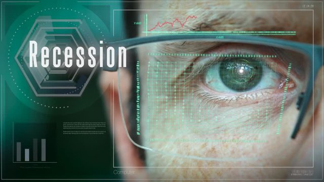 A close up of a businessman eye controlling a futuristic computer system with a Recession Business concept.