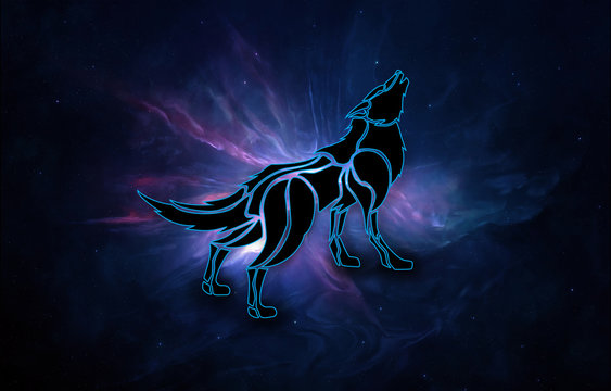 Abstract Artistic 3d Computer Generated Illustration Of A Unique Wolf In A Nebula Galaxy Background