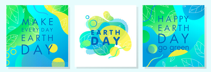 Set of Earth Day posters with bright gradient backgrounds,liquid shapes,tiny leaves and geometric elements.Earth Day layouts perfect for prints, flyers,covers,banners design and more.Eco concepts.