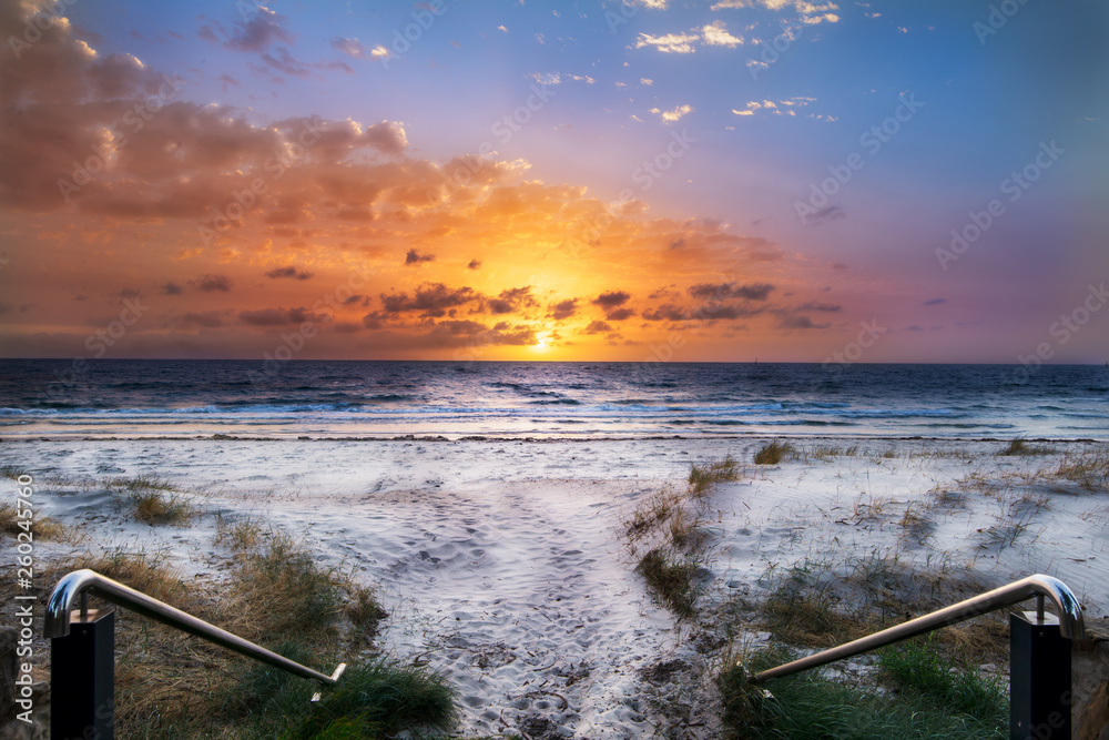 Sticker Ocean, sunset , beach , sky ,clouds, twilight, blue, pink, orange, sand,