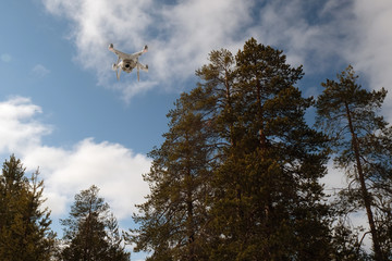 Quadcopter on the background of forest and clouds. In the background are forest, clouds and trees. © Алексей Р