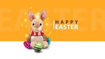 Happy Easter, modern orange horizontal postcard with Easter bunny