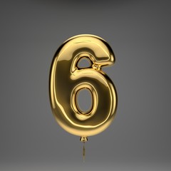 Golden glossy balloon number 6 isolated on dark background