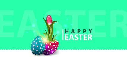 Happy Easter, modern green horizontal postcard with tulip growing from Easter egg