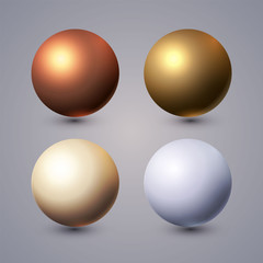 Realistic Spheres Set with Reflection. Gold, Copper, Pearl, White.