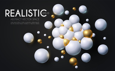 Abstract 3D Background with White and Gold Spheres. Science Design. Structure Template.