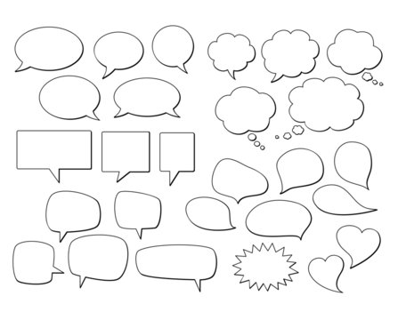 Set of isolated vector speech bubbles. White speech cloud silhouettes with black contour.