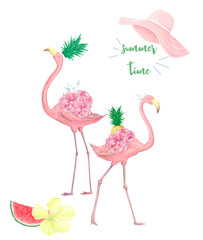 Couple pink flamingos. Watercolor cute two pink flamingo. Tropical print for invitation, birthday, celebration, greeting card. Summer illustration. Trend colors. Bird clip art