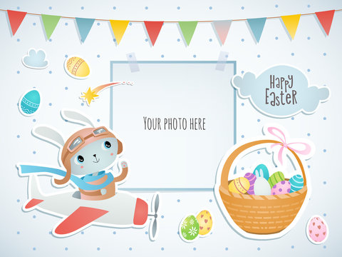 Holiday card design with place for your photo. Easter card. Egg hunt. 