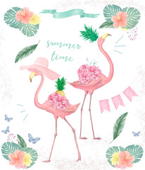 Couple pink flamingos. Watercolor cute two pink flamingo. Tropical print for invitation, birthday, celebration, greeting card. Summer illustration. Trend colors. Bird clip art