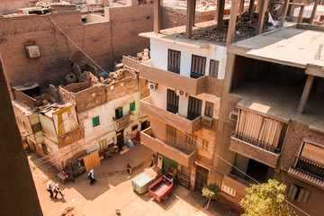 Top view of downtown street from house balcony (roof top) in Luxor, Egypt