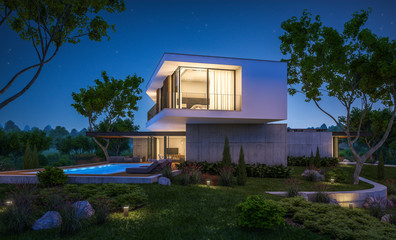 3d rendering of modern cozy house on the hill with garage and pool for sale or rent with beautiful landscaping on background. Clear summer night with many stars on the sky.