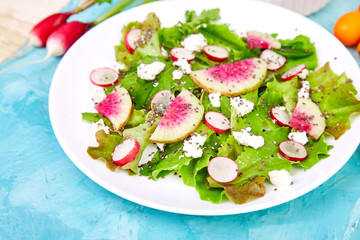 Fresh Watermelon Radish salad. Vegan, vegetarian, clean eating, dieting, food concept.