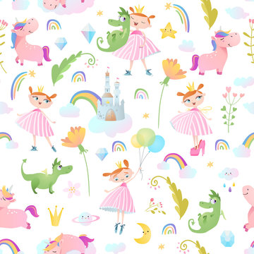 Princesses, dragons and unicorns. Seamless pattern. 