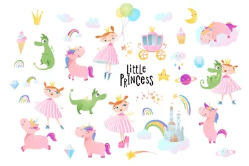 Peel and stick wall murals Girls room Princesses, dragons and unicorns. Vector collection.