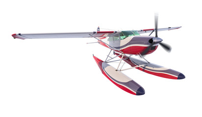 Retro seaplane illustration. 3D render. Propeller is rotating and blurred