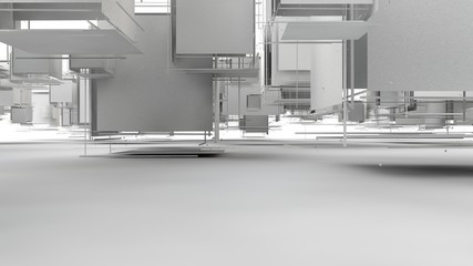 3D rendering of an abstract background of a set of geometric elements of regular shape, randomly distributed in space by a white surface. 3D abstraction isolated on white background.