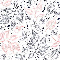 Fototapeta na wymiar Seamless pattern with hand-drawn branches, leaves and berries. Vector illustration. 