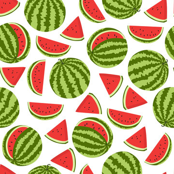 Watermelon vector pattern. Seamless background with ripe watermelons. 