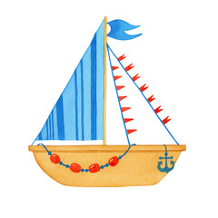 Stylized children yellow boat with blue sail. Watercolor hand drawn painting illustration, isolated on a white background.