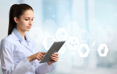 Doctor work on digital tablet abstract app background blog business communicate