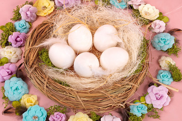 Spring mood, Easter decor of eggs, paper flowers, a wreath of vines on a Living Coral background. Wide banner - Image.