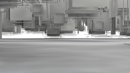 3D rendering of an exploded cube on a white background. Many segments randomly scattered in space, having different shapes. Illustration, abstraction, surrealism of mathematical Sciences.