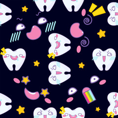 Kawaii vector seamless pattern. Funny teeth with fierce, mad, crazy muzzles on colored background. Carton anime teeth and smiles design. Perfect for dental clinic or any kawaii Japanese design