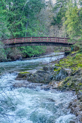 arc bridge over rushing river and lush forest