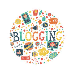 Vector blogging doodle illustration, hand drawn blogging elements